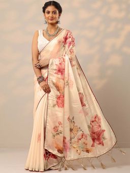 Libas - Women Cream Floral Printed Pure Crepe Saree with Unstitched Blouse