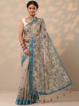 Libas - Women Blue-Beige Floral Printed Embroidered Cotton Blend Saree with Unstitched Blouse