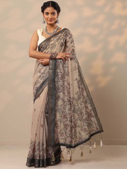 Libas - Women Grey-Beige Floral Printed Embroidered Cotton Blend Saree with Unstitched Blouse