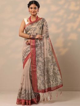 Libas - Women Peach-Beige Floral Printed Embroidered Cotton Blend Saree with Unstitched Blouse