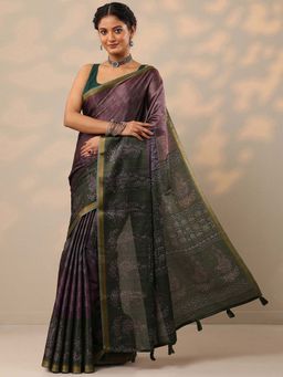 Libas - Women Purple Floral Printed Cotton Blend Saree with Unstitched Blouse