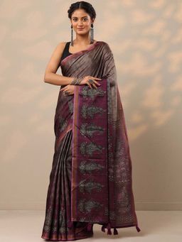 Libas - Women Wine Floral Printed Cotton Blend Saree with Unstitched Blouse