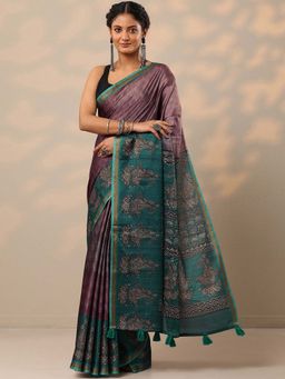 Libas - Women Mauve Floral Printed Cotton Blend Saree with Unstitched Blouse
