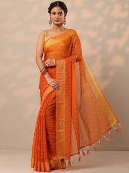 Libas - Women Orange Foil Printed Pure Chiffon Saree with Unstitched Blouse
