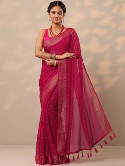 Libas - Women Pink Foil Printed Pure Chiffon Saree with Unstitched Blouse