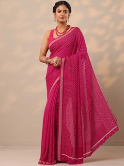 Libas - Women Pink Bandhani Printed Pure Georgette Saree with Unstitched Blouse