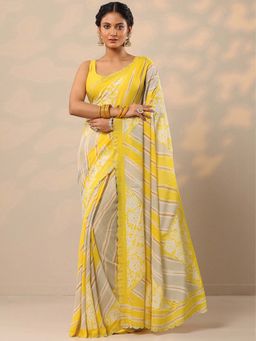 Libas - Women Yellow Printed Stone Work Pure Georgette Saree with Unstitched Blouse