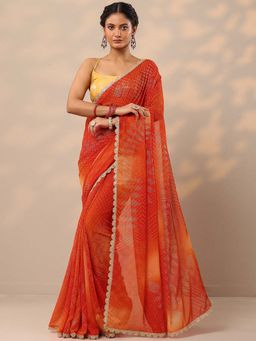 Libas - Women Orange Bandhani Printed Lace Border Saree with Unstitched Blouse