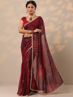 Libas - Women Maroon Bandhani Printed Lace Border Saree with Unstitched Blouse