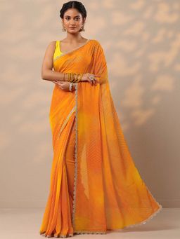 Libas - Women Mustard Bandhani Printed Lace Border Saree with Unstitched Blouse