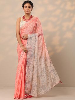 Libas - Women Peach Floral Printed Silk Blend Saree with Unstitched Blouse