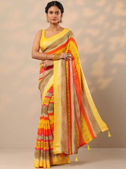 Libas - Women Yellow Printed Pure Georgette Saree with Unstitched Blouse