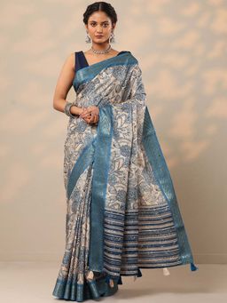 Libas - Women Blue and Beige Floral Printed Silk Blend Saree with Unstitched Blouse