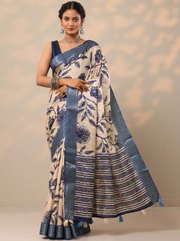 Libas - Women Cream and Blue Printed Silk Blend Saree with Unstitched Blouse