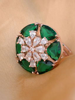 Saraf RS Jewellery - Rose Gold Plated Green Ad Studded Handcrafted Adjustable Finger Ring