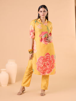 Gahan - Modal Big Floral Placement Motif Printed Yellow Tassels Co-ord (Set of 2)