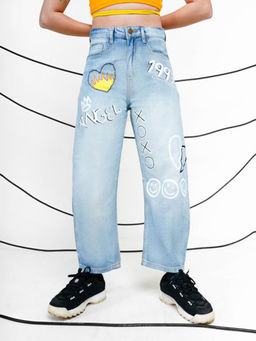 FREAKINS - Light Blue Loose Fit Girl On Fire Jeans