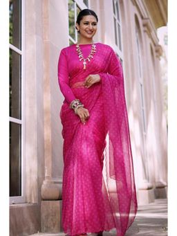 Label Kanupriya - Rani Pink Bandhej Organza Saree with Lycra with Unstitched Blouse