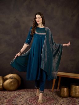 Gahan - Teal Blue Silk Blend Zari Embroidered Kurta With Pant And Dupatta