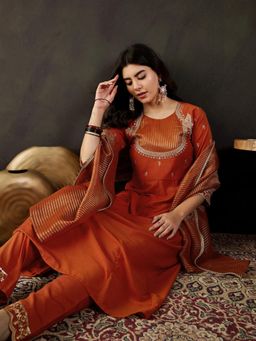 Gahan - Orange Silk Blend Zari Embroidered Kurta With Pant And Dupatta