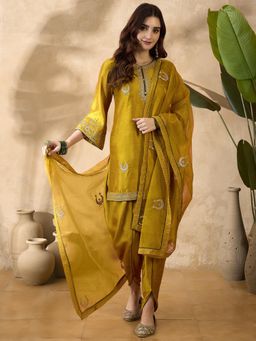 Gahan - Mustard Silk Blend Zari Sequence Cording Embroidered Kurta With Dhoti And Dupatta