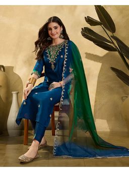 Gahan - Navy Blue Silk Blend Zari Sequence Embroidered Kurta With Pant And Dupatta