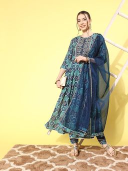 Gahan - Women Zari Sequenced Blue Cotton Blend Kurta Pant with Dupatta