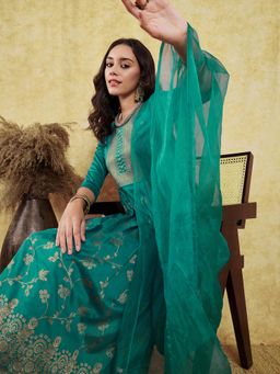 Gahan - Women Zari Turquoise Blue Jacquard Kurta with Pant and Dupatta