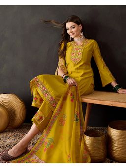 Gahan - Yellow Silk Blend Zari Thread Embroidered With Schffly Lace Kurta With Pant And Dupatta