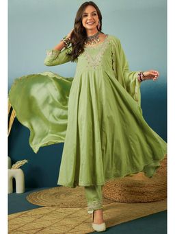 Gahan - Green Pure Cotton Zari Embroidered with Floral Print Anarkali with Pant and Dupatta
