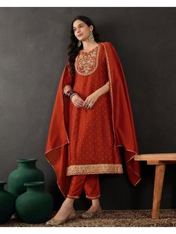 Gahan - Orange Silk Blend Zari Sequence Embroidered Anarkali with Pant and Dupatta