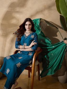 Gahan - Teal Blue Silk Blend Zari Sequence Embroidered Kurta With Pant And Dupatta