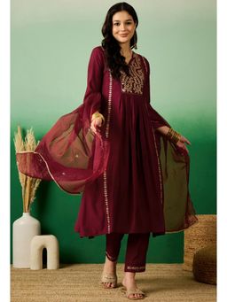 Gahan - Embroidered Zari Sequence Maroon Silk Blend Kurta with Pant and Dupatta