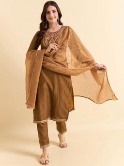Gahan - Brown Silk Blend Zari Sequence Embroidered Kurta With Pant And Dupatta