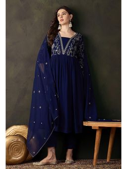 Gahan - Navy Blue Georgette Zari Sequence Embroidered Naira Cut Kurta with Pant and Dupatta