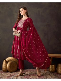 Gahan - Maroon Milky Georgette Zari Sequence Embroidered Kurta with Pant Style and Dupatta