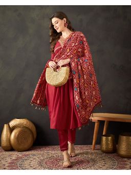 Gahan - Maroon American Crepe Zari Sequence Embroidered Alia Cut Kurta with Pant and Dupatta
