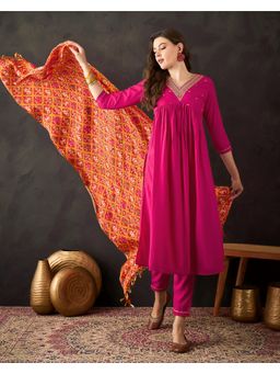 Gahan - Pink American Crepe Zari Sequence Embroidered Alia Cut Kurta with Pant and Dupatta