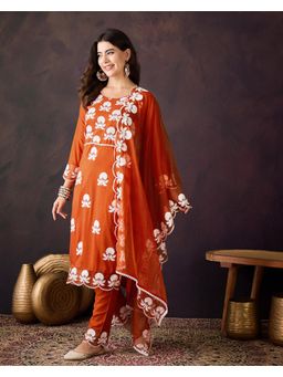 Gahan - Orange Dchinon White Thread Chain Embroidered Kurta with Pant and Organza Dupatta