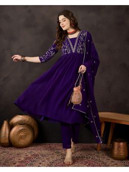 Gahan - Purple Georgette Zari Sequence Embroidered Naira Cut Kurta with Pant and Dupatta