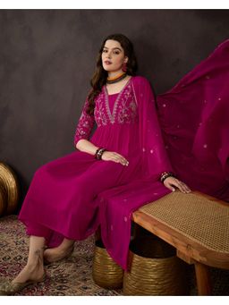 Gahan - Pink Georgette Zari Sequence Embroidered Naira Cut Kurta with Pant and Dupatta