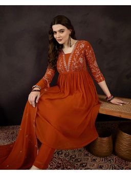 Gahan - Orange Georgette Zari Sequence Embroidered Naira Cut Kurta with Pant and Dupatta