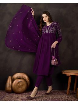 Gahan - Wine Georgette Zari Sequence Embroidered Naira Cut Kurta with Pant and Dupatta