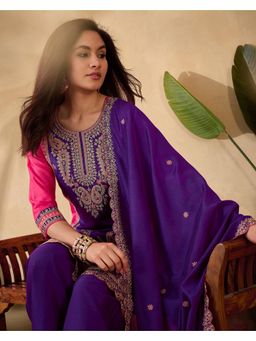Gahan - Purple Pink Vichitra Zari Sequence Embroidered Kurta with Palazzo and Dupatta Set