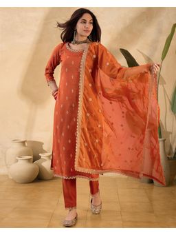 Gahan - Orange Dchinon Zari Embroidery with Foil Printed Kurta with Pant and Dupatta Set