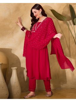 Gahan - Red Georgette Zari Sequence Embroidered Naira Cut Kurta With Pant And Dupatta