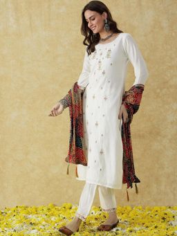 Gahan - White Silk Blend Cording Sequence Embroidered Kurta Pant With Bandhej Printed Dupatta