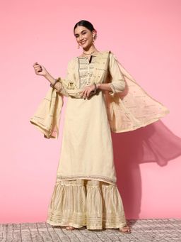 Gahan - Women Cream Sequence & Lace Work Kurta Sharara and Dupatta