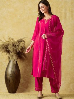 Gahan - Rani Cotton Blend Sequence Zari work Straight Kurta Pant with Dupatta