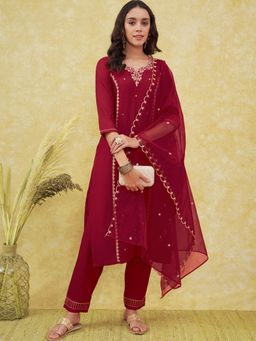 Gahan - Maroon Cotton Blend Sequence Zari work Straight Kurta Pant with Dupatta